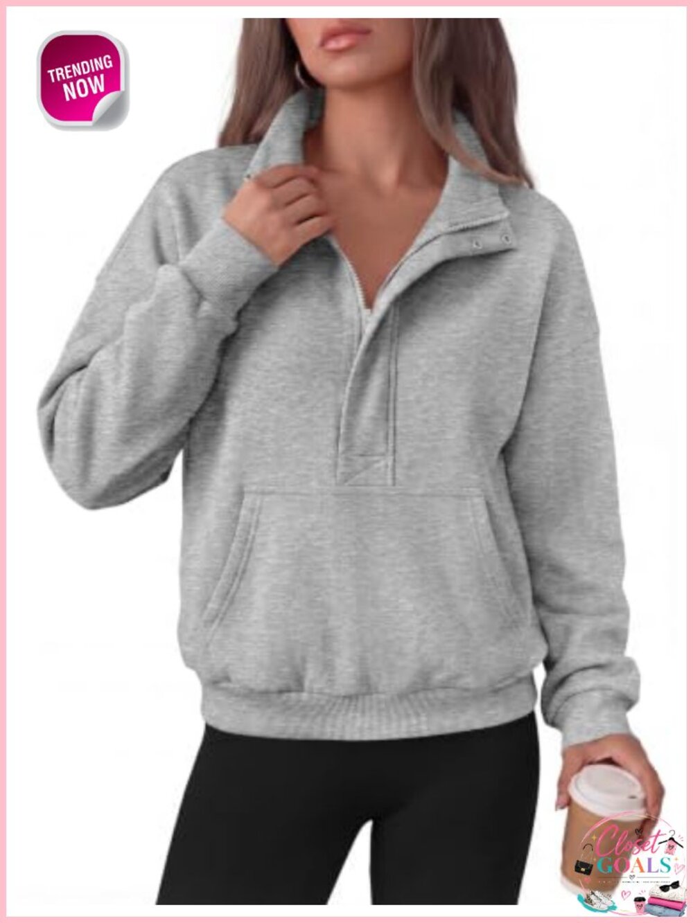 Quarter Zip Crop Sweatshirt Cotton Blend Mock Neck Kangaroo Pocket